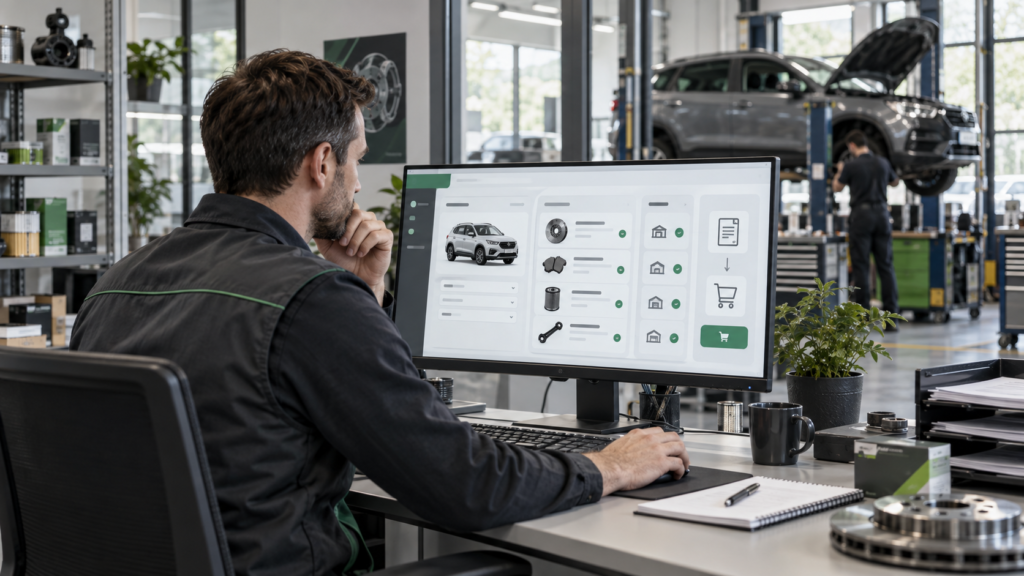 Specialist piese auto verificând fluxul digital de la vehicul la comandă